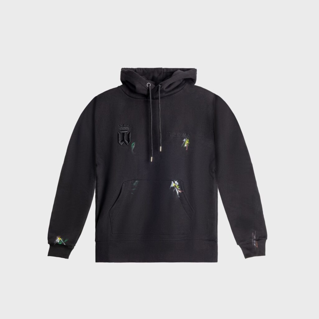 HOODIE À SERRAGE NOIR WILLY THOMAS BRODÉ EN NOIR ET PEINT À LA MAIN