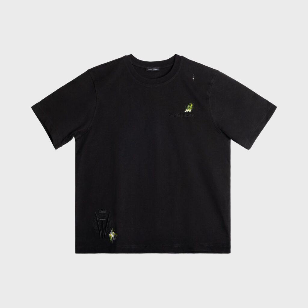 T-SHIRT NOIR WILLY THOMAS BRODÉ EN NOIR ET PEINT À LA MAIN
